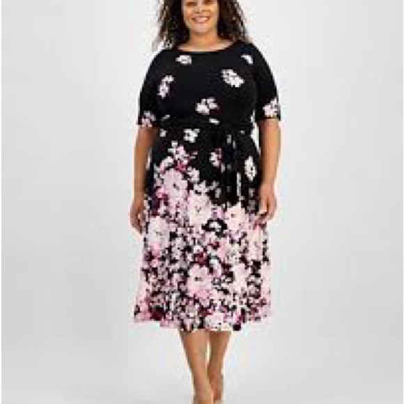 Kasper Women's Elbow-Sleeve Floral-Border Midi Dress Black Pink Sz 16 - Picture 1 of 7